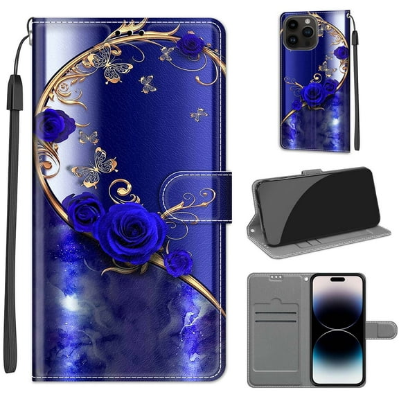 Compatible with iPhone 15 Pro Max Wallet Case with Card Holder, Flip Pattern Painted PU Leather Kickstand Wrist Strap Shockproof Phone Case for iPhone 15 Pro Max, Blue Rose   Golden Butterfly