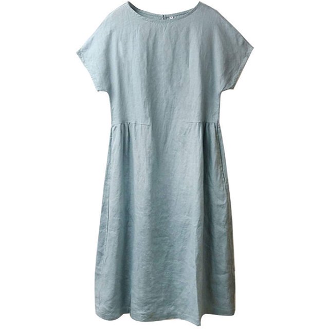 Dress, Women Solid Color Large Hem Short Sleeve Pockets Loose Midi for Work
