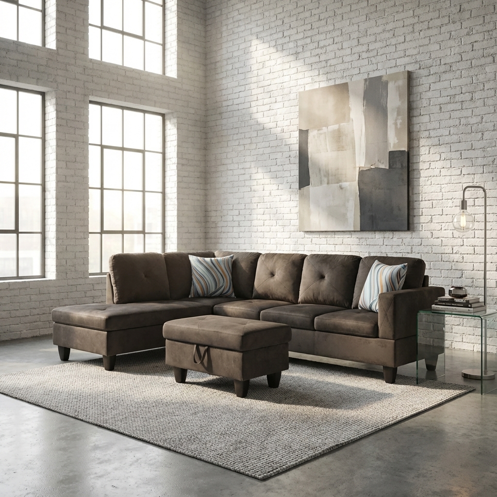Prilinex L-Shaped Sectional Sofa with Chaise and Storage Ottoman, 3-Piece Flannel Sofa for Living Room Furniture Sets and Apartments, Grey