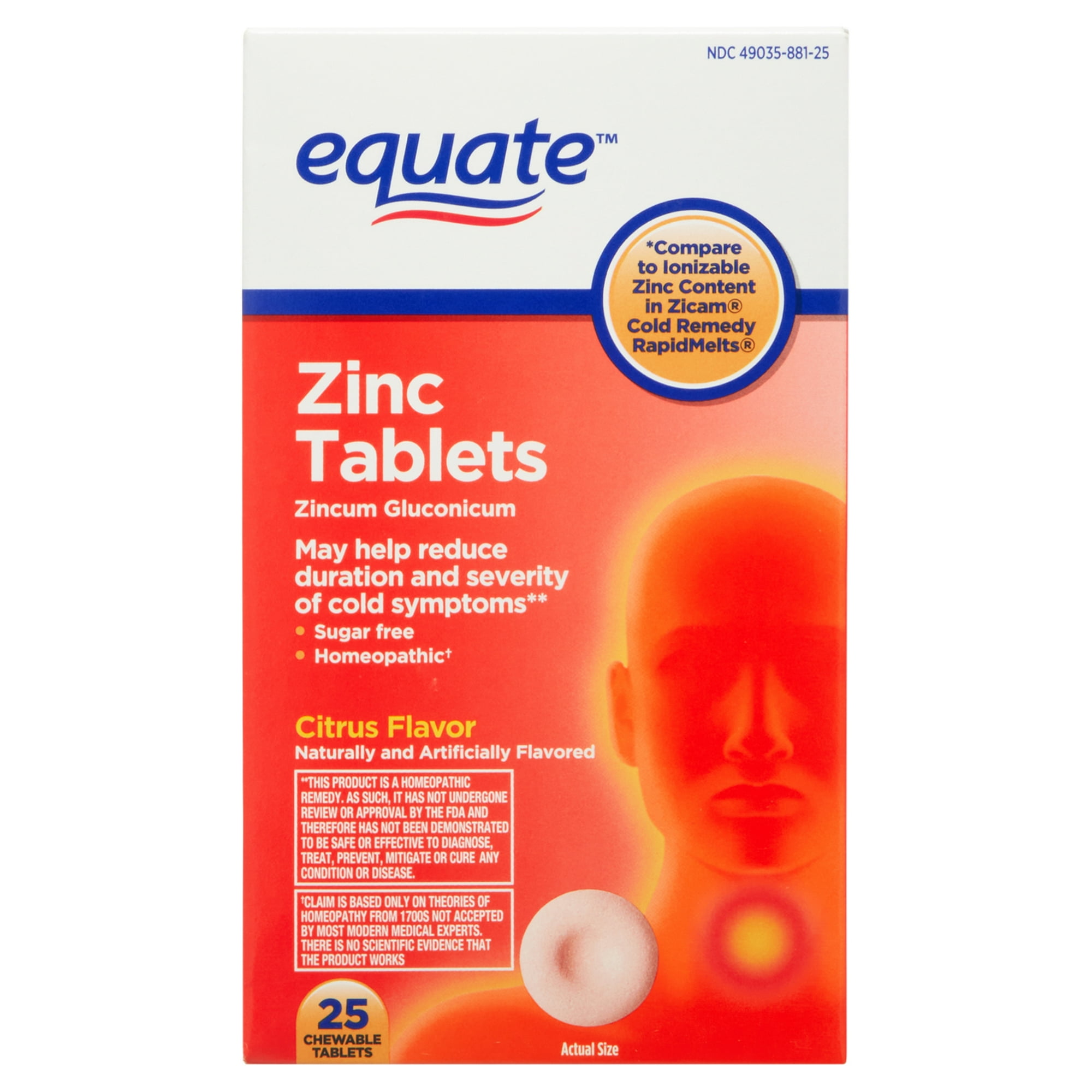Equate Zinc Cold Symptom Relief Chewable Tablets, Citrus Flavor, 25 Count