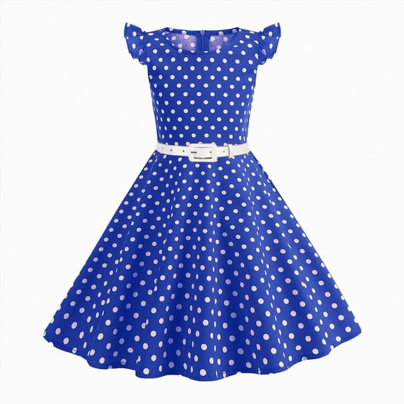 Kids Girls Dresses Retro Vintage Flutter Sleeve Polka Dot Swing with Belt