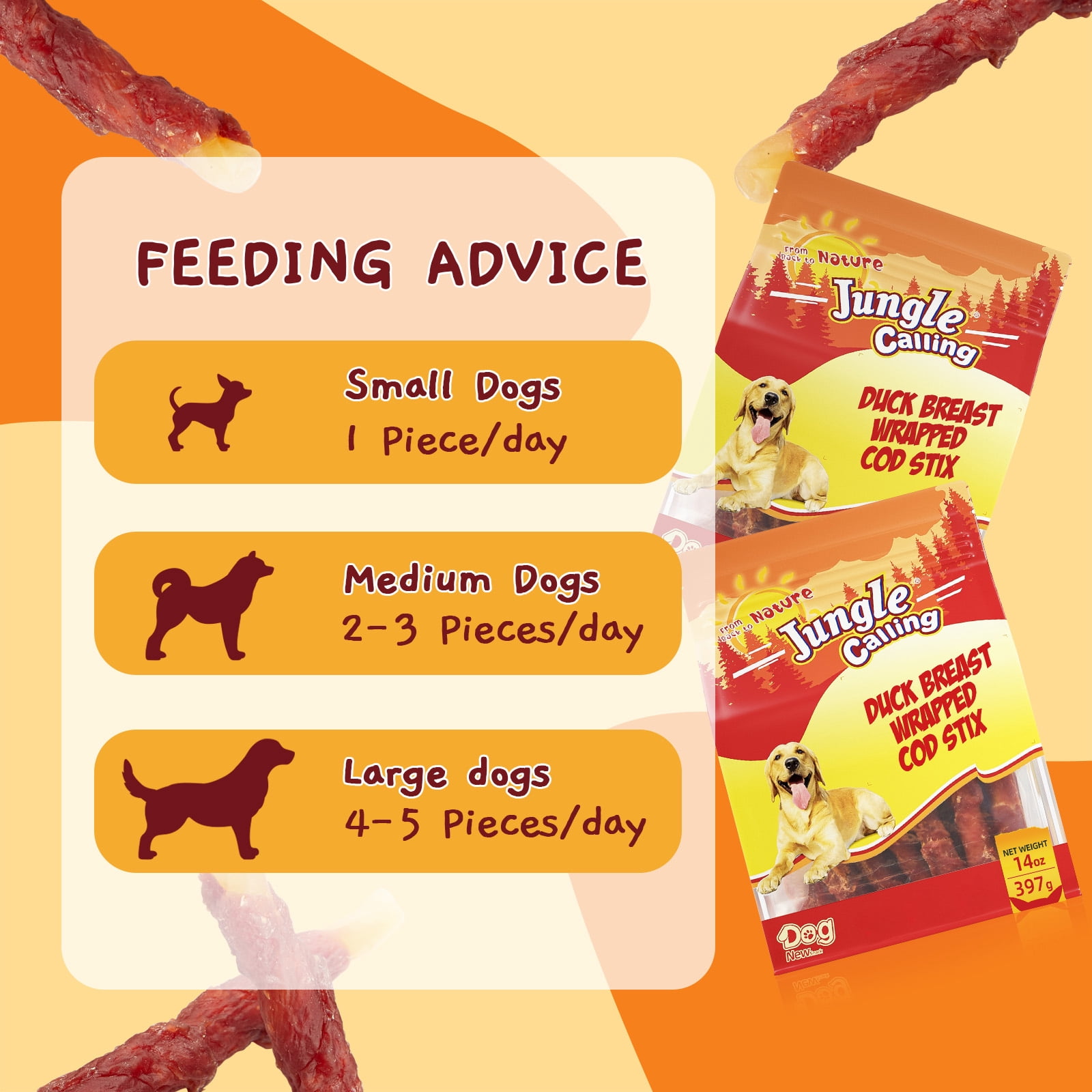 (5 pack) Jungle Calling Duck Wrapped Cod Sticks Dog Treats Rawhide Training Snacks Natural Chewy Sticks