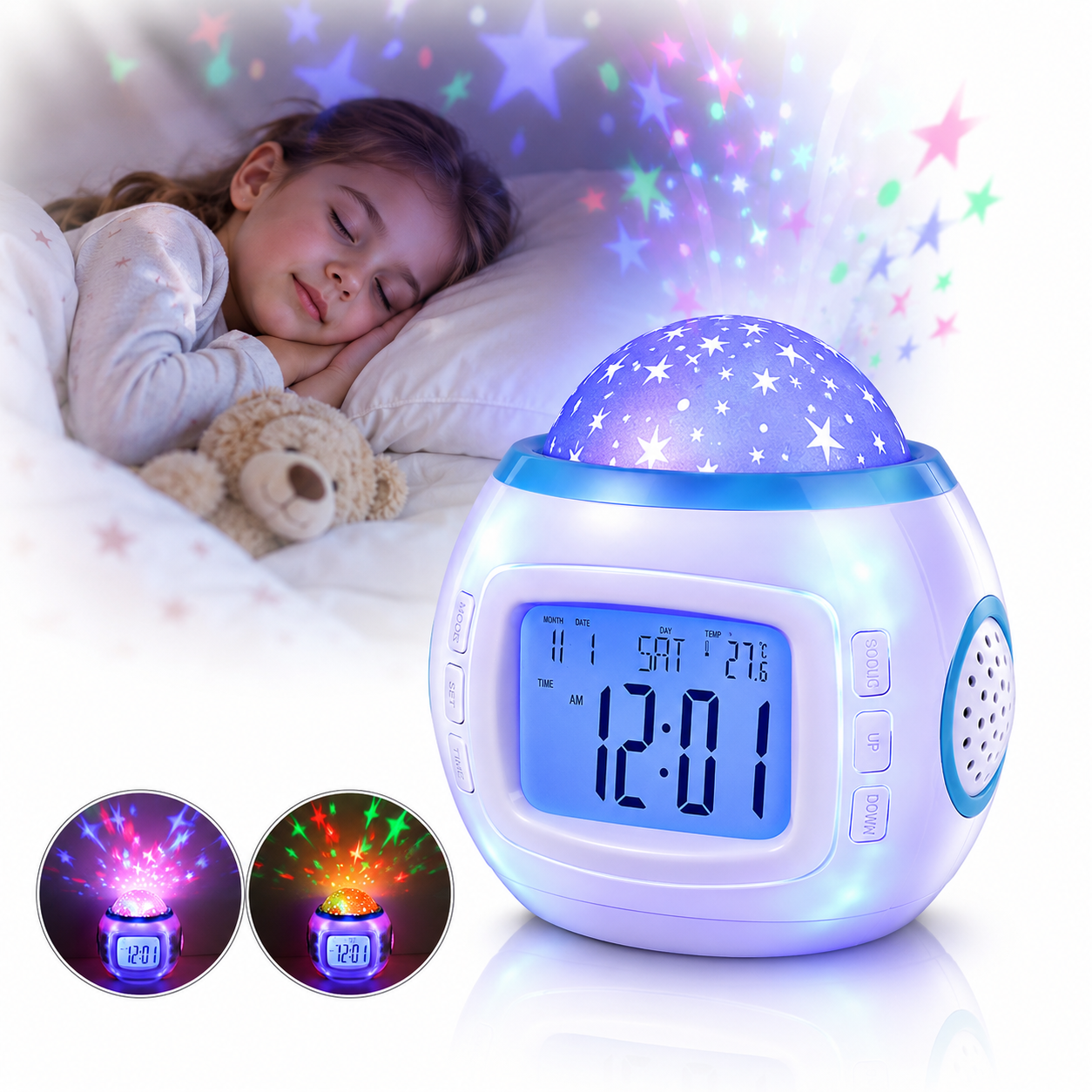 Alarm Clock,Kids Sleep Clock Starry Sky Night Light Star Projection Clock,Music Digital Clock with Backlight LED Night Light Calendar & Thermometer for Kids Boys Girls Children Bedroom Party