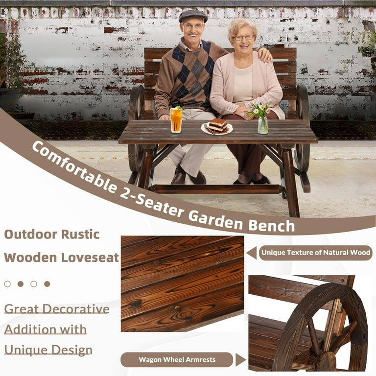 2-Piece Wooden Wagon Wheel Bench Set with Coffee Table, 2-Person