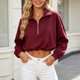 thumbnail image 2 of Qgtaibl Women Quarter Zip Cropped Sweatshirts Drawstring Hem Lapel Workout Shirt Lantern Long Sleeve Loose Fit Casual Pullover Tops Wine S, 2 of 9