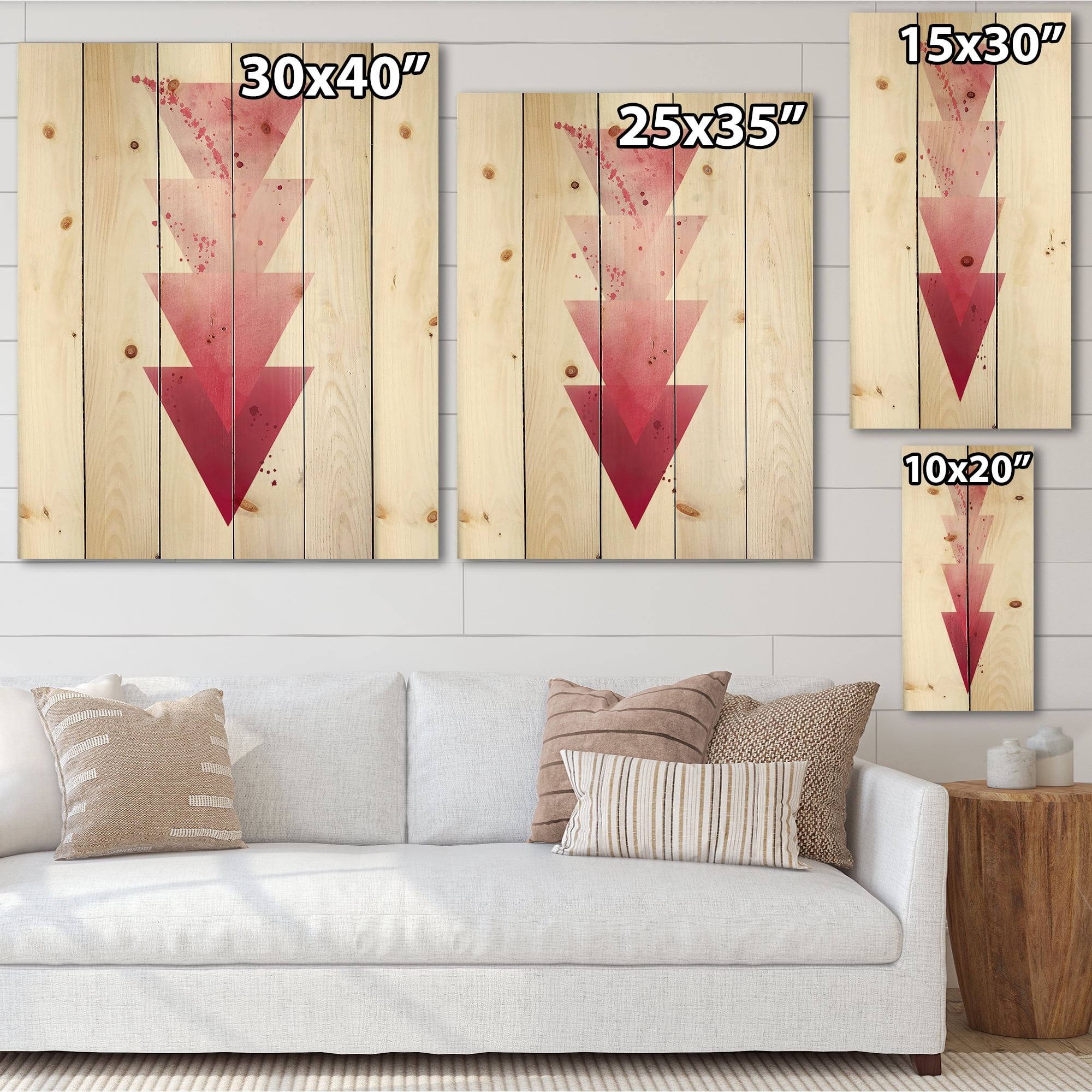 Designart 'Abstract Geometric Art Red Triangles Composition' Modern Print on Natural Pine Wood