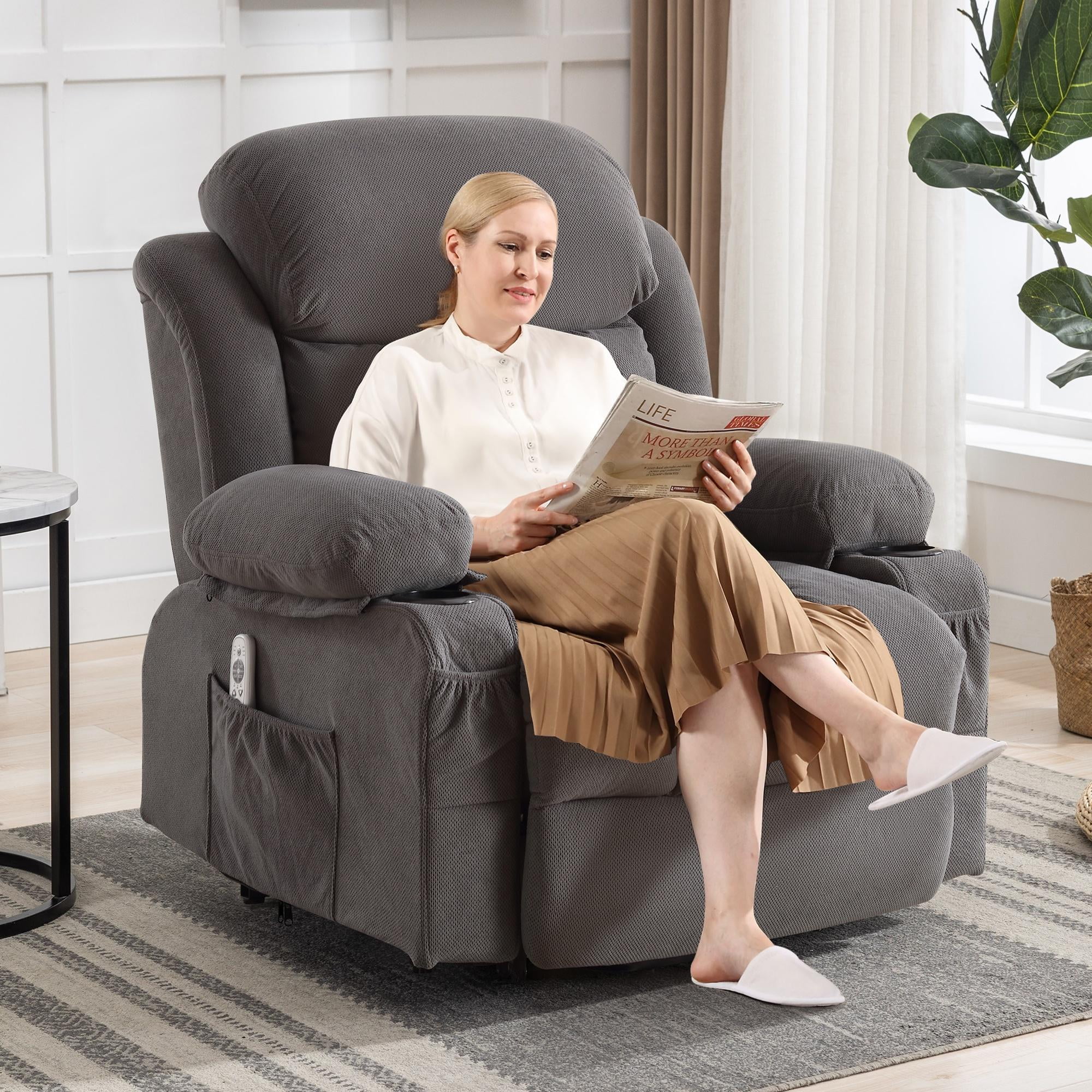 Power Lift Recliner Chairs with Massage and Heat, UHOMEPRO Electric Fabric Recliner Chair for Elderly, Living Room Furniture with USB Charge Port, 2 Cup Holders, and Side Pocket, Gray