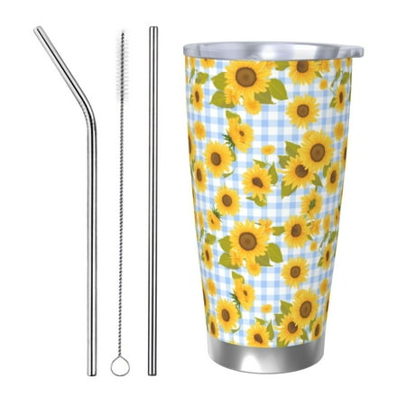 

Uemuo Blue White Plaid Sunflower Print Travel Coffee Mug 20oz Double-walled Car Cup Stainless Steel Insulated Tumbler Leak-proof Travel Cup Reusable Straw Car Cup-Straw Three-piece Set