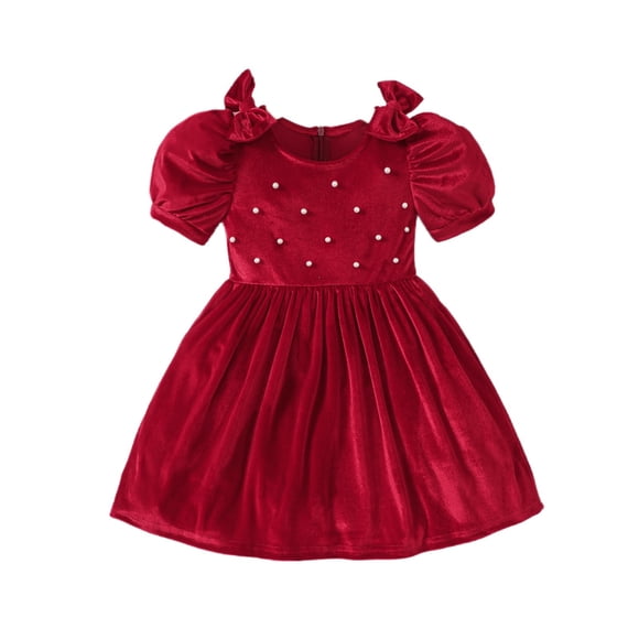 Coerni Robe de Princesse Rouge pour Filles Robe de Mariage Mignonne d'Anniversaire Robe de Fête Manches Bouffantes avec Nœud Robe Smockée avec Perles