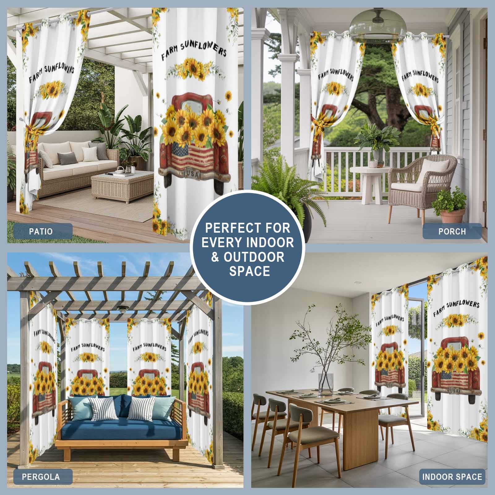 Outdoor Curtains for Patio Waterproof, Sunflower Truck Outdoor Privacy Panels Grommet, Yellow Flowers Summer Botanical Watercolor Blackout Outside Curtains for Porch/Cabana 54"x84", 1 Panel