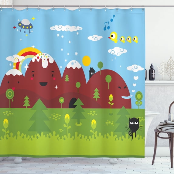 Cartoon Shower Curtain, Happy Mountains Countryside Kawaii Drawing Landscape, Fabric Bathroom Set with Hooks, 69W X 70L Inches, Pale Sky Blue Pale Maroon and Multicolor, by Ambesonne