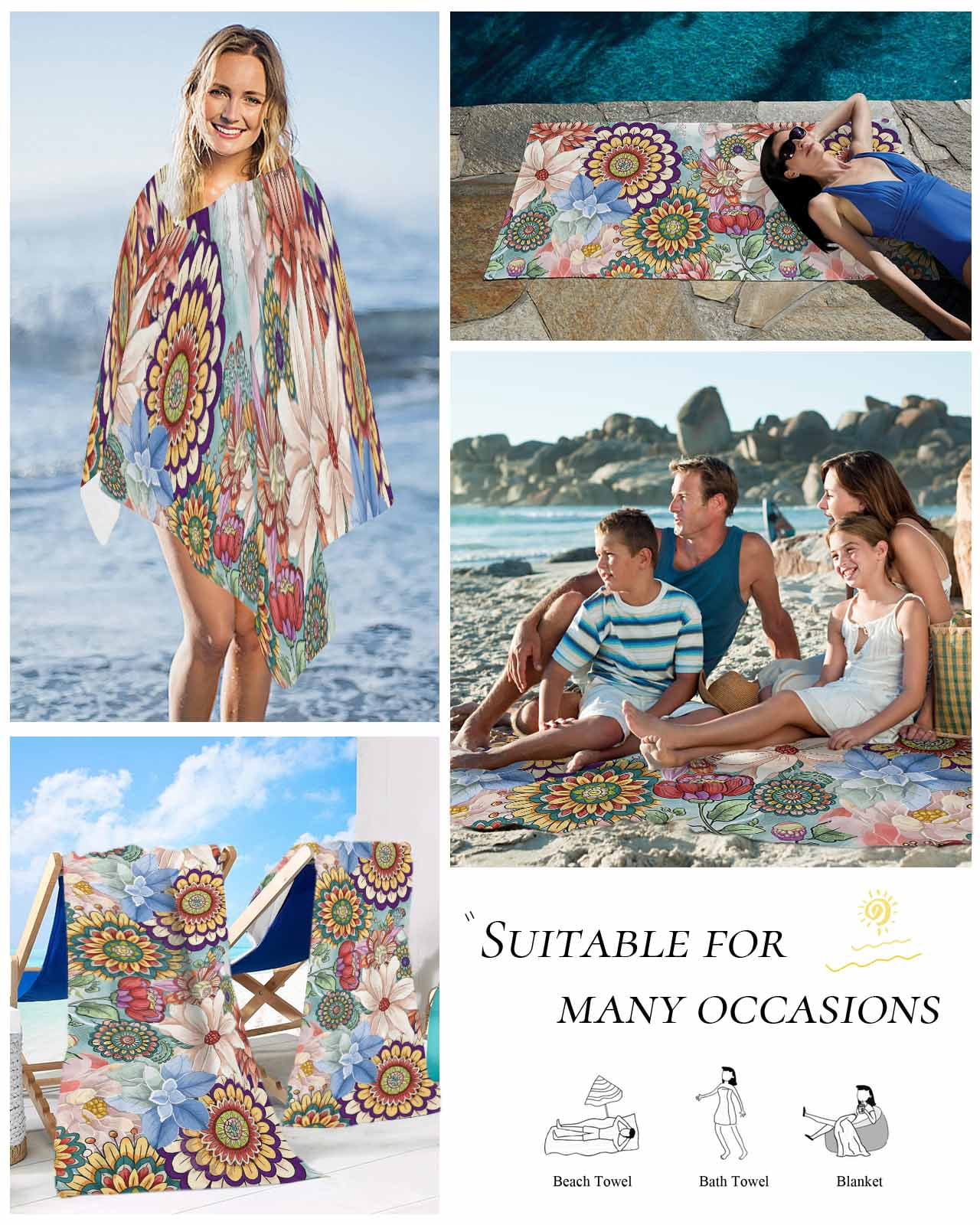Boho Floral Beach Towels Oversized Super Absorbent, Bohemia Colorful Mandalas Botanical Flower Lightweight Bath Towel Quick Dry Sets For Bathroom/Pool/Rv Camping/Beach Play/Gym Room/Picnic 30"x60"
