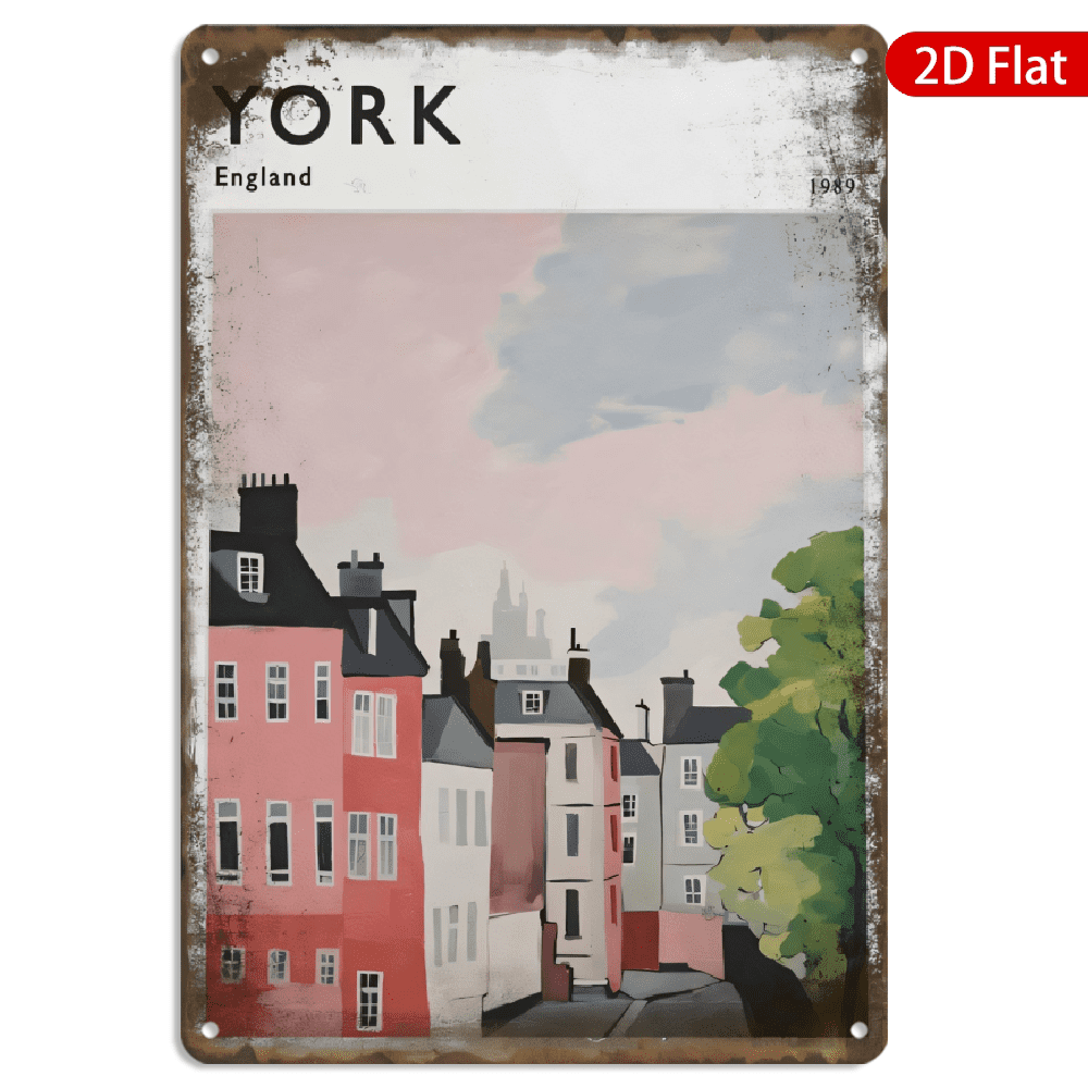 8x12 Inch Metal Wall Art, Vintage York England Travel Poster with Pastel Townhouses and Historic Architecture Design, Rectangular Retro Decor for Home Kitchen Office 1pc