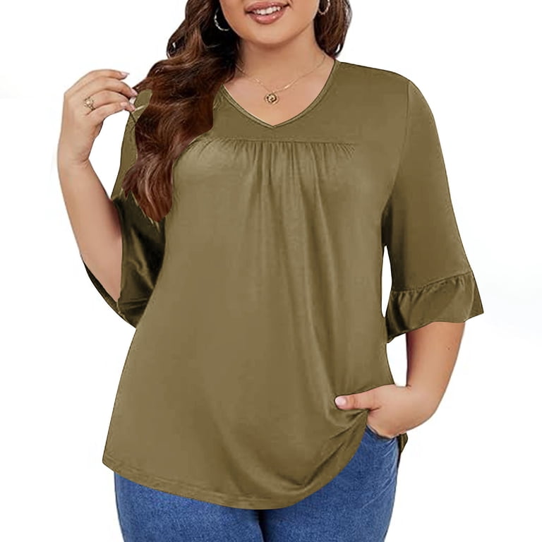 VERUGU Plus Size Tops for Women Summer Solid Ruffle 3/4 Sleeve V