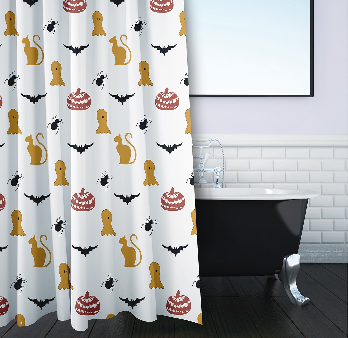 Simply Daisy 70" W x 73" L Halloween Halloween Critters Polyester Shower Curtain, Golden Mustard [1 Ct]