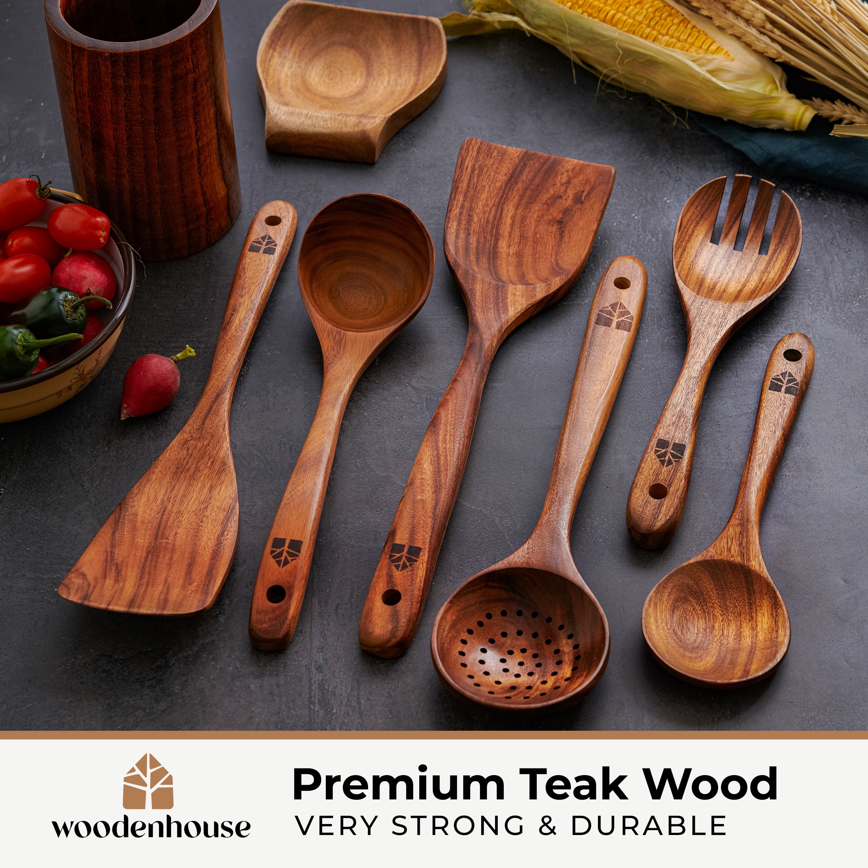 Wooden Utensils for Cooking, 8 piece Set with Holder, Perfect for Nonstick