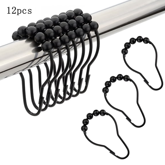 LAMIRO Black Hook Shower Curtain Hooks / Shower Curtain Rings Set 12 pack - Stainless Steel