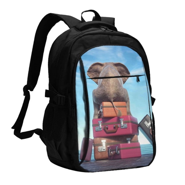 Balery Elephant Sits Mochila con carga USB para hombre y mujer - Mochila impermeable y antirrobo para portátil con puerto USB para viajes, trabajo, estudios y universidad