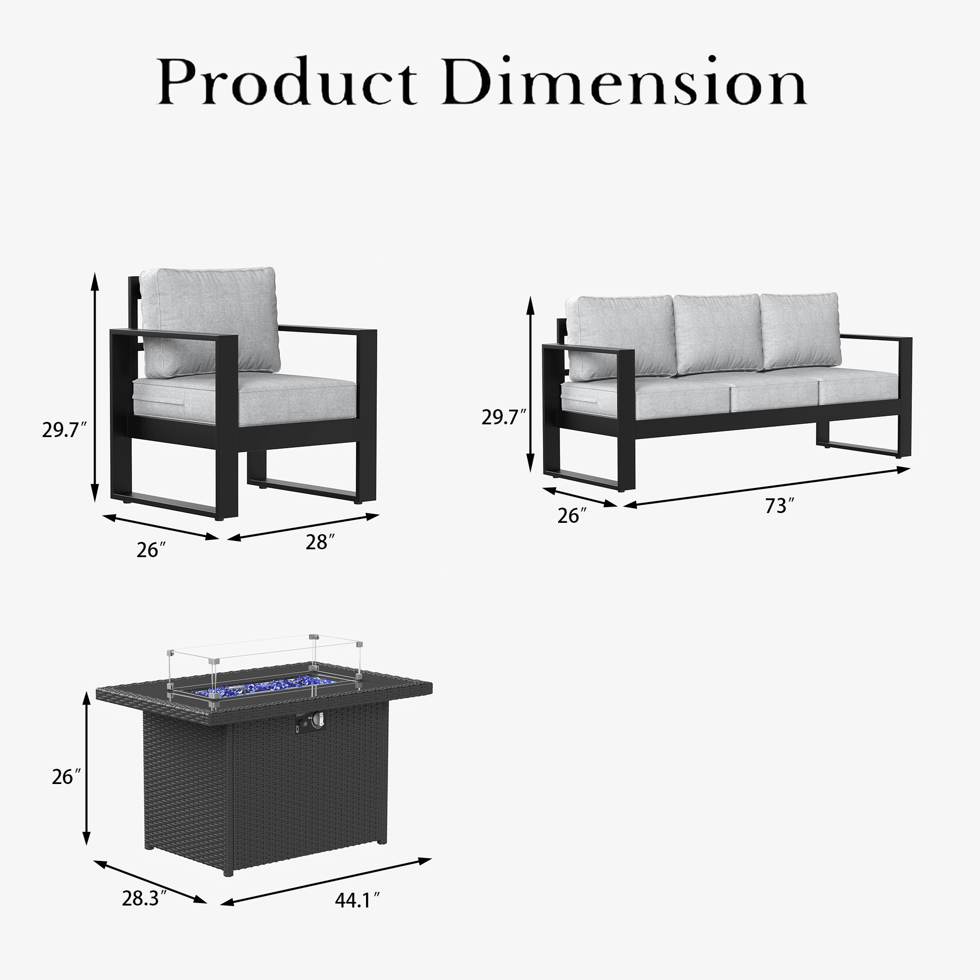 LayinSun 4 Piece Hight Back Aluminum Outdoor Furniture Set with Fire Pit Table, Modern Patio Conversation Sets