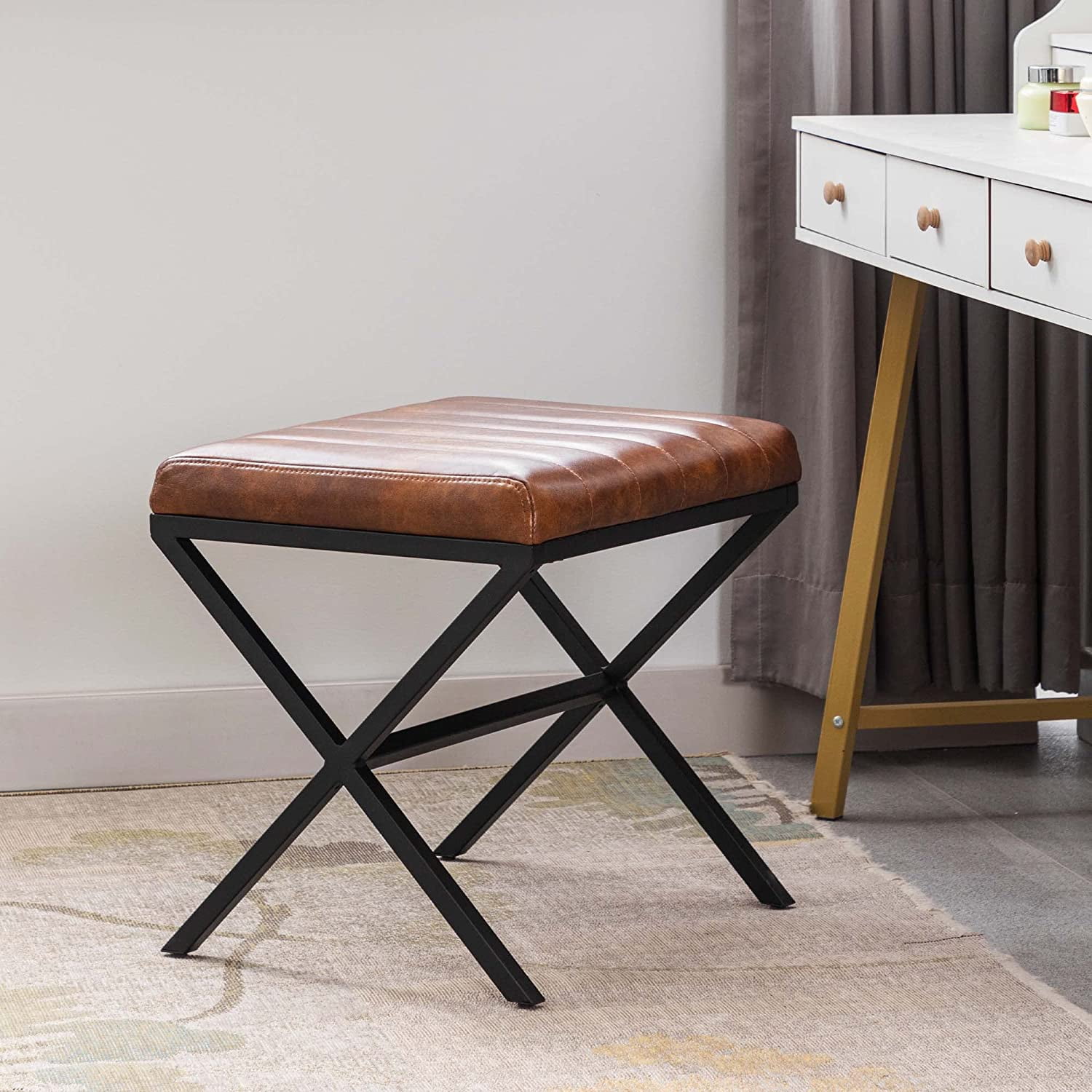 Duhome Vanity Stool, Modern Square Ottoman Stool with Metal Base Faux Leather Ottoman Footstools for Living Room Bedroom, Brown