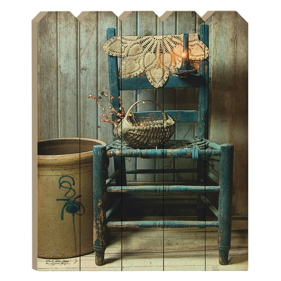 This Old Chair By Susie Boyer Printed on Wooden Picket Fence Wall Art - Blue