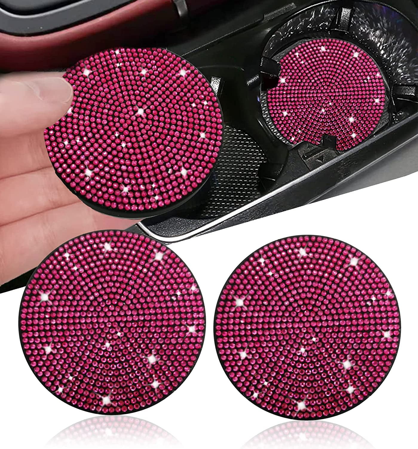 2pcs Bling Car Cup Coaster, 2.75 inch Auto Car Cup Holder Insert Coasters Silicone Anti-Slip Crystal Rhinestone Drink Car Cup Mat, Universal Vehicle