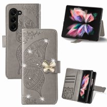 ELEHOLD for Samsung Galaxy Z Fold5 Wallet Case,Bling Diamond Butterfly Embossed Pattern Leather Wallet Cover Shockproof Magnetic Clasp Card Slots Kickstand Wriststrap Case for Women Girls,Gray
