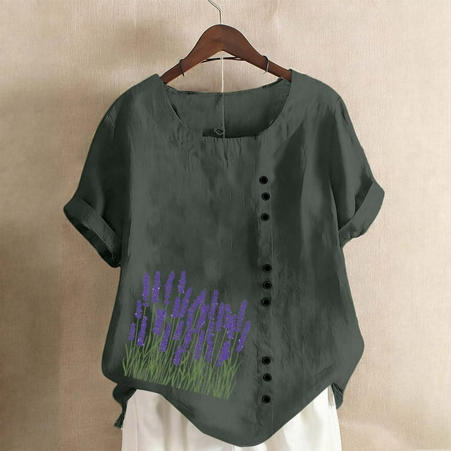 Jacenvly Hauts pour Femmes Tendance Liquidation Printemps et Été Col Rond Manches Courtes Mode Décontractée T-Shirt Imprimé Boutons Hauts et Blouses pour Femmes Grande Taille