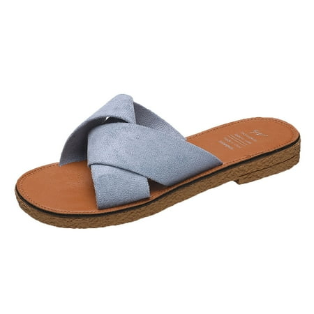 

uikmnh Women Slippers Summer Women Slippers Cross Strap Solid Color Flat Bottom Comfortable Casual Blue 6.5
