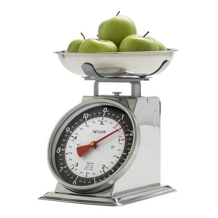 

Taylor Modern Mechanical Kitchen Weighing Food Scale Weighs up to 11lbs Measures in Grams and Ounces Black and Silver