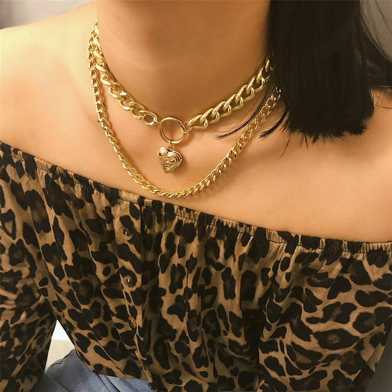 Gold Padlock Necklace Chunky Chain Lock Necklace Curb Chain 