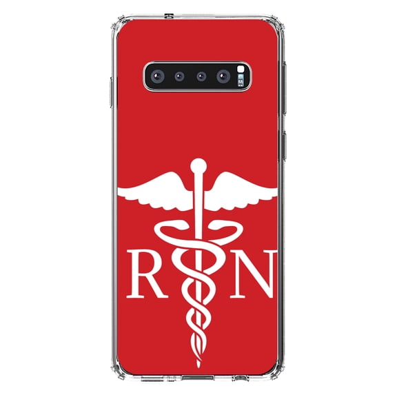 DistinctInk Clear Shockproof Hybrid Case for Samsung Galaxy S10 (6.1" Screen) - TPU Bumper, Acrylic Back, Tempered Glass Screen Protector - RN Registered Nurse Symbol - Support for Nurses