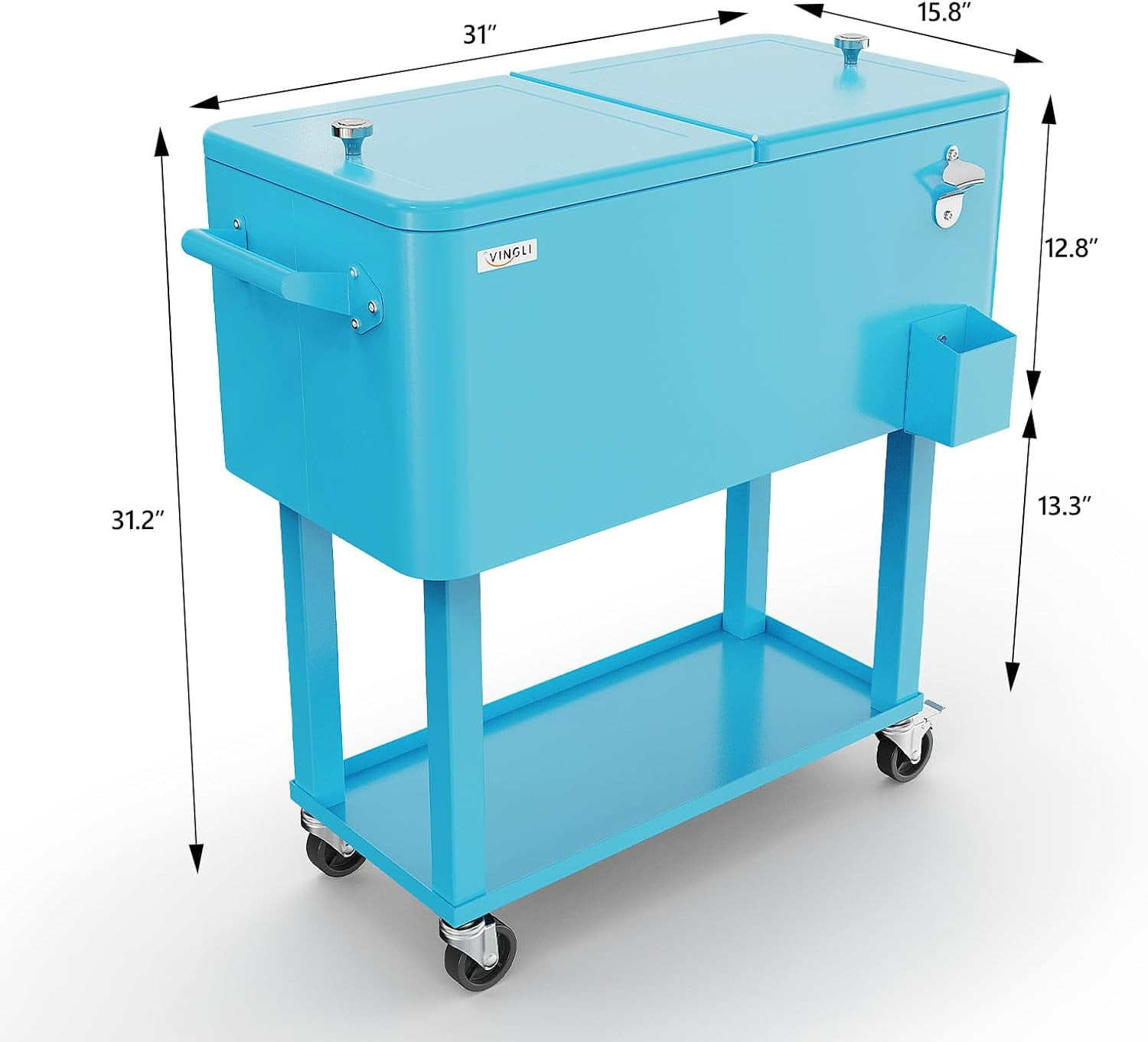 VINGLI 80 Quart Rolling Cart on Wheels, Portable Bar Drink Cooler, Beverage for Patio Pool Party, Ice Chest with Shelf,Bottle Opener,Water Pipe