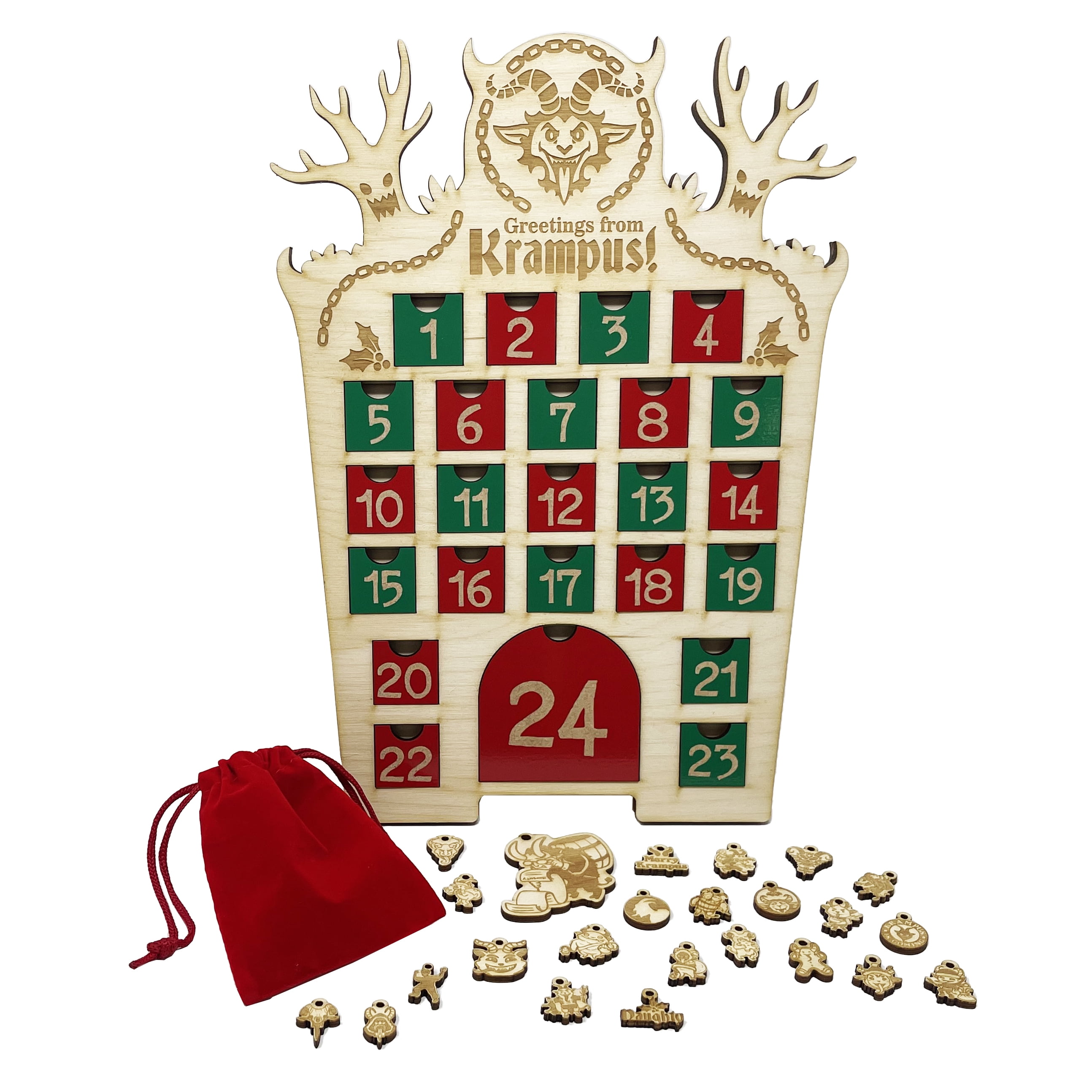 Greetings from Krampus Funny Christmas Advent Calendar Laser Cut Birch Wood  Includes Mini Holiday Ornaments - Red and Green Doors - Walmart.com