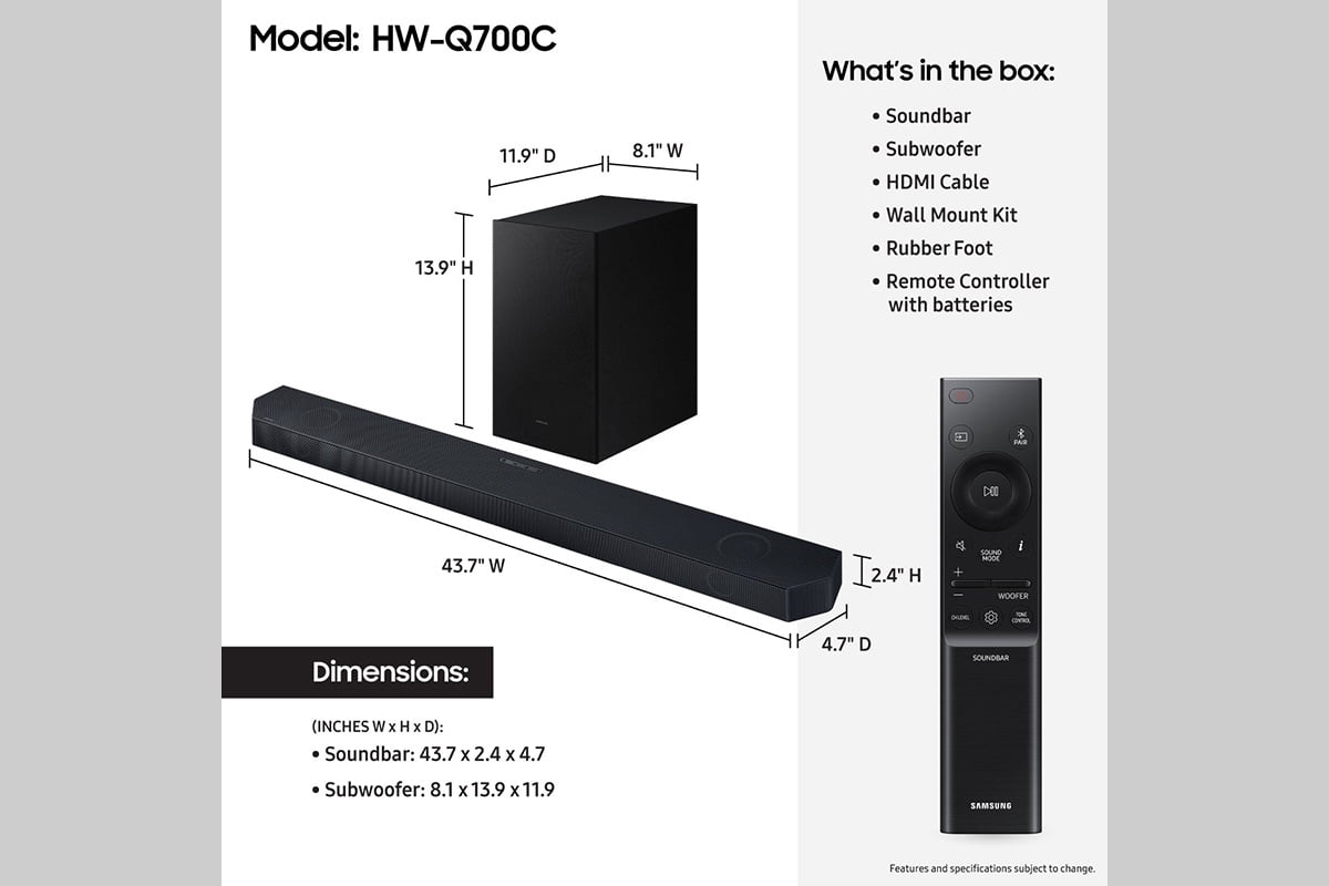 SAMSUNG Q-Series 3.1.2ch Wireless Dolby Atmos Soundbar w/ Q-Symphony HW-Q700C/ZA 2023
