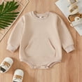 thumbnail image 2 of ZHOGXU Infant Boy Girl Romper Solid Color Crew Neck Long Sleeve Bodysuit With Pocket For Casual Daily Wear,Beige,0-3 Months, 2 of 9