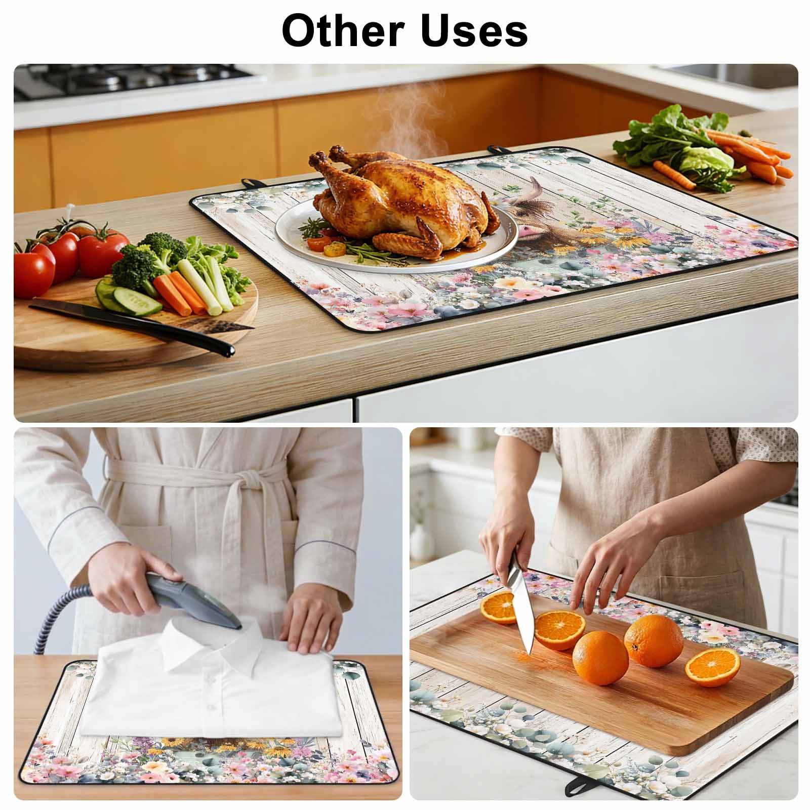 Spring Cow Floral Stove Top Cover for Electric Stove, Heat-proof & Non Slip Glass Top Stove Cover Protector, Green Eucalyptus Leaves Grey Wooden Kitchen Flat Cooktop Rubber Mat 24x21 Inches