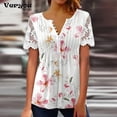 thumbnail image 2 of Camiseta de manga corta con cuello en V para mujer, remera Sexy con estampado de flores de retazos de encaje, camisetas holgadas para mujer 2023, 2 of 4