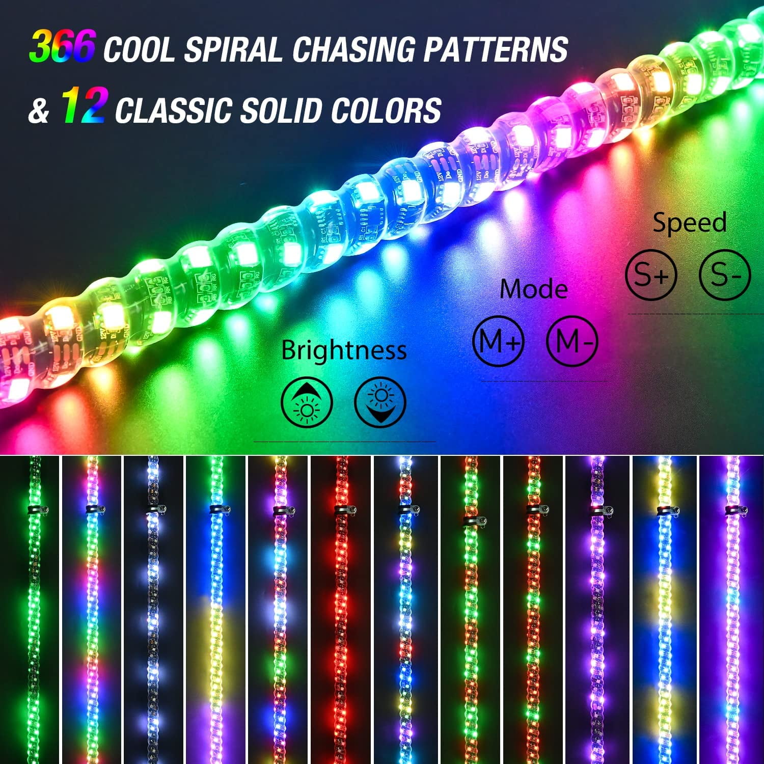 Nilight RGB Waterproof 4FT Spiral LED Whip Light 2 Pack with Strobe & Remote for ATV UTV RZR Polaris Jeep Truck