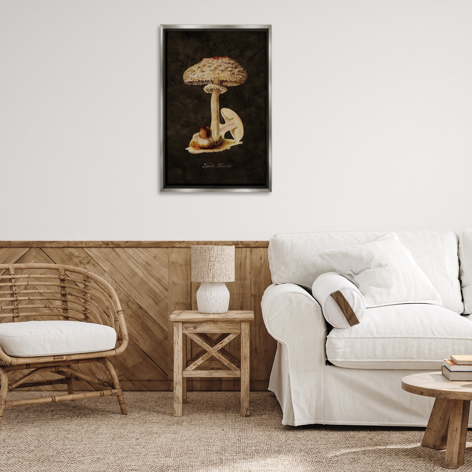 Stupell Industries Vintage Mushroom Study Plants & Flowers Painting Gray Floater Framed Canvas Art Print Wall Art, 21 x 31
