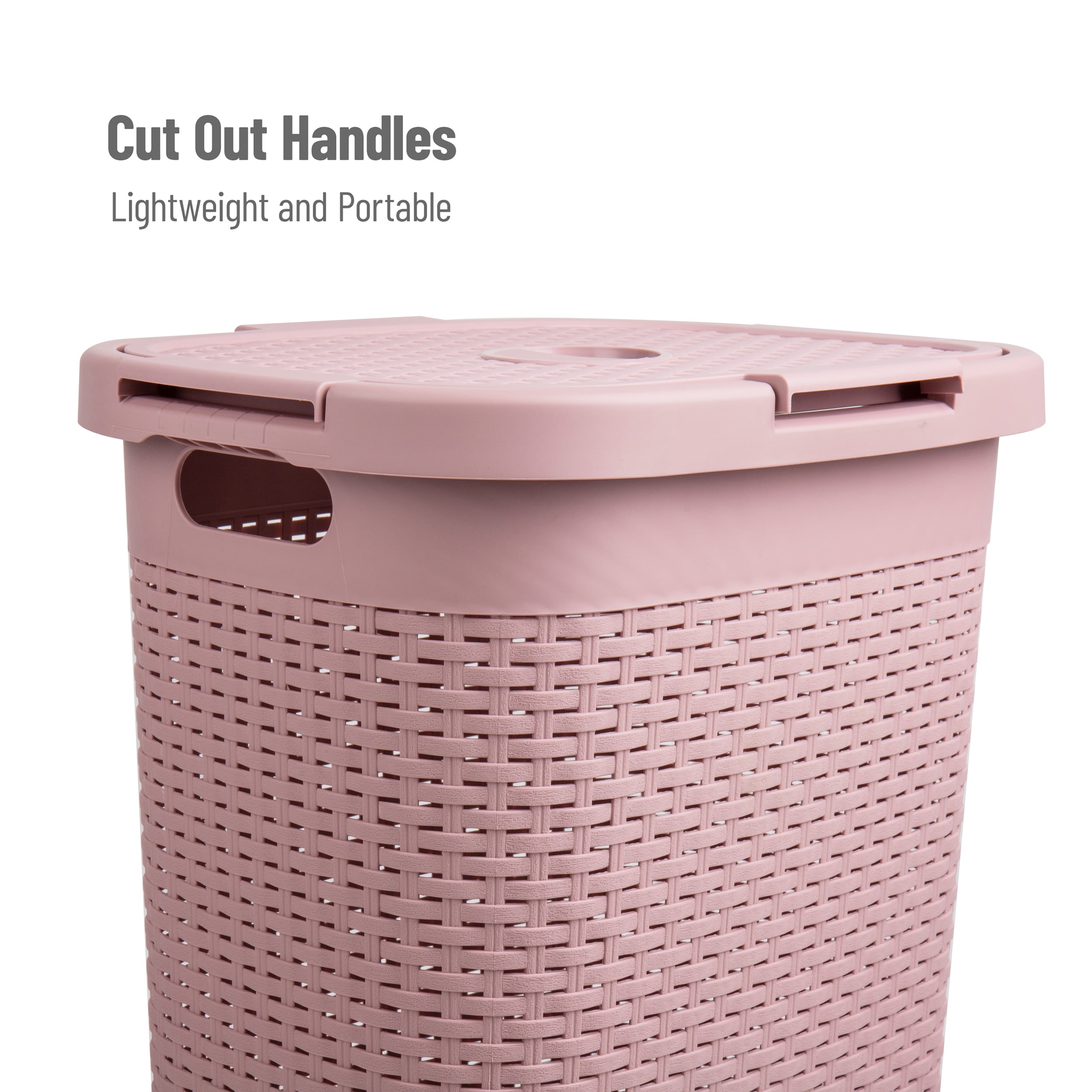 Mind Reader 60L Slim Laundry Hamper, Clothes Basket, Lid, Wicker Style, Plastic, 17.65"L x 13.75"W x 24.15"H, Set of 2, Pink
