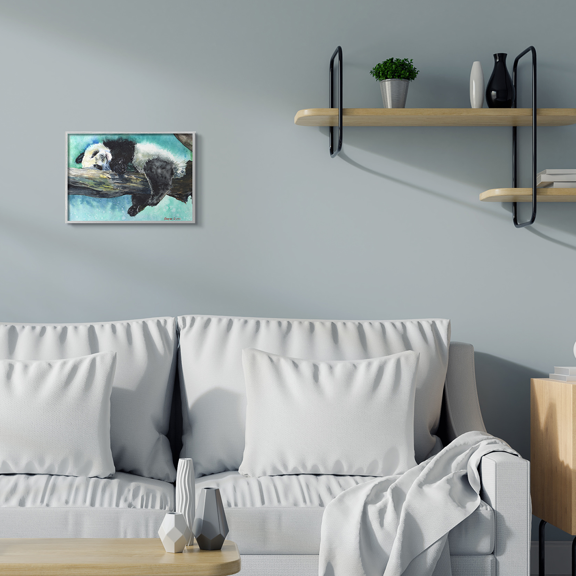 Stupell Industries Sleepy Baby Panda in Tree over Vibrant Blue Animals & Insects Painting Gray Framed Art Print Wall Art, 11 x 14