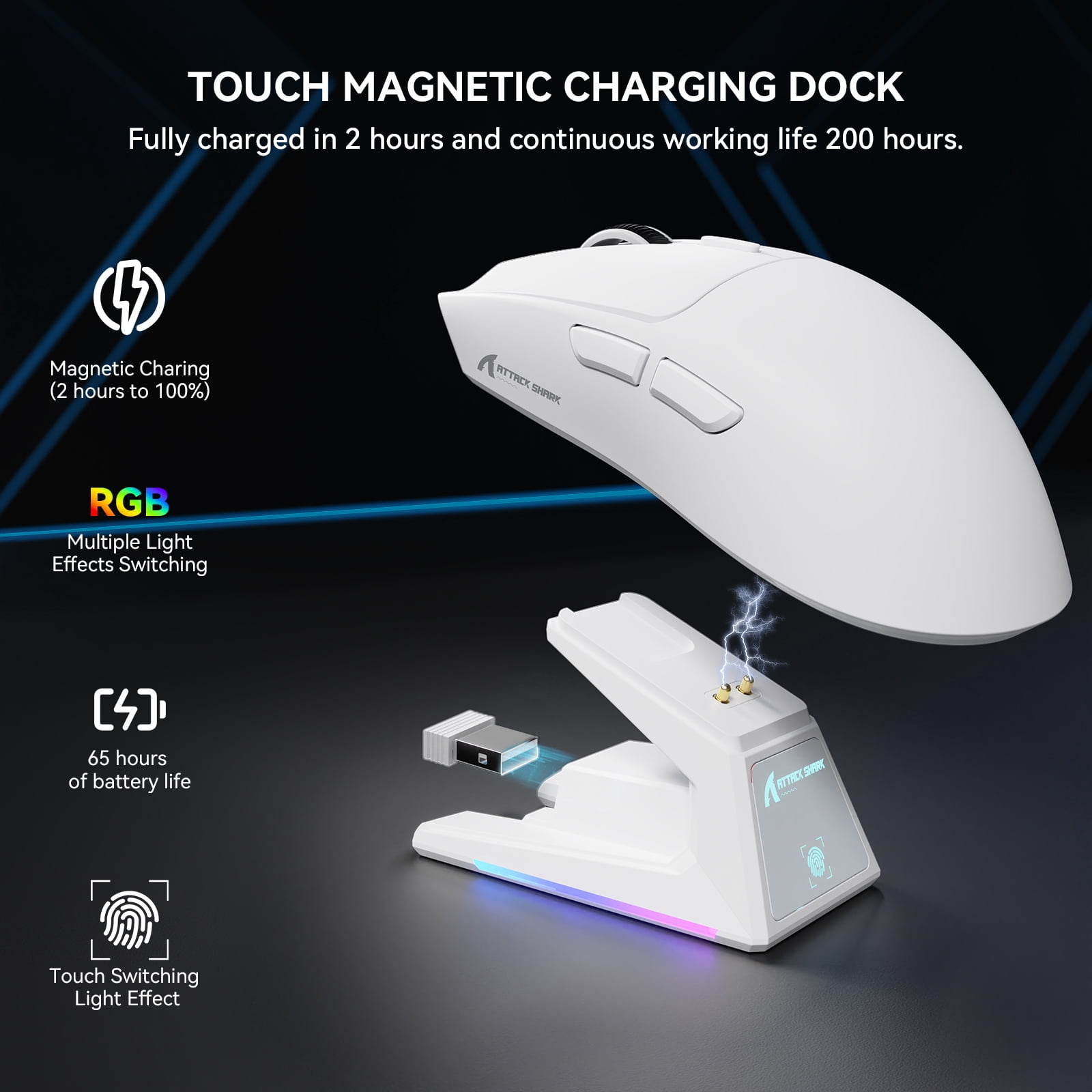 ATTACK SHARK X1 Gaming Mouse with Magnetic Charging Dock, PixArt PAW3395PRO Gaming Sensor, 40000DPI, BT/2.4G Wireless/Wired, 49g SUPERLIGHT Mouse, 100M Optical Microswitches for PC/Xbox/PS/Mac -White