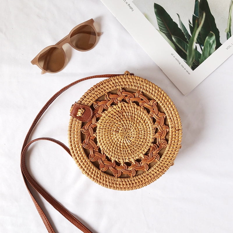 Handwoven Rattan Bag Shoulder with Leather Strap, Women Handmade Wicker Woven Purse, Brown Straw Boho Basket Handbag(7.9x7.9x3.1inches)