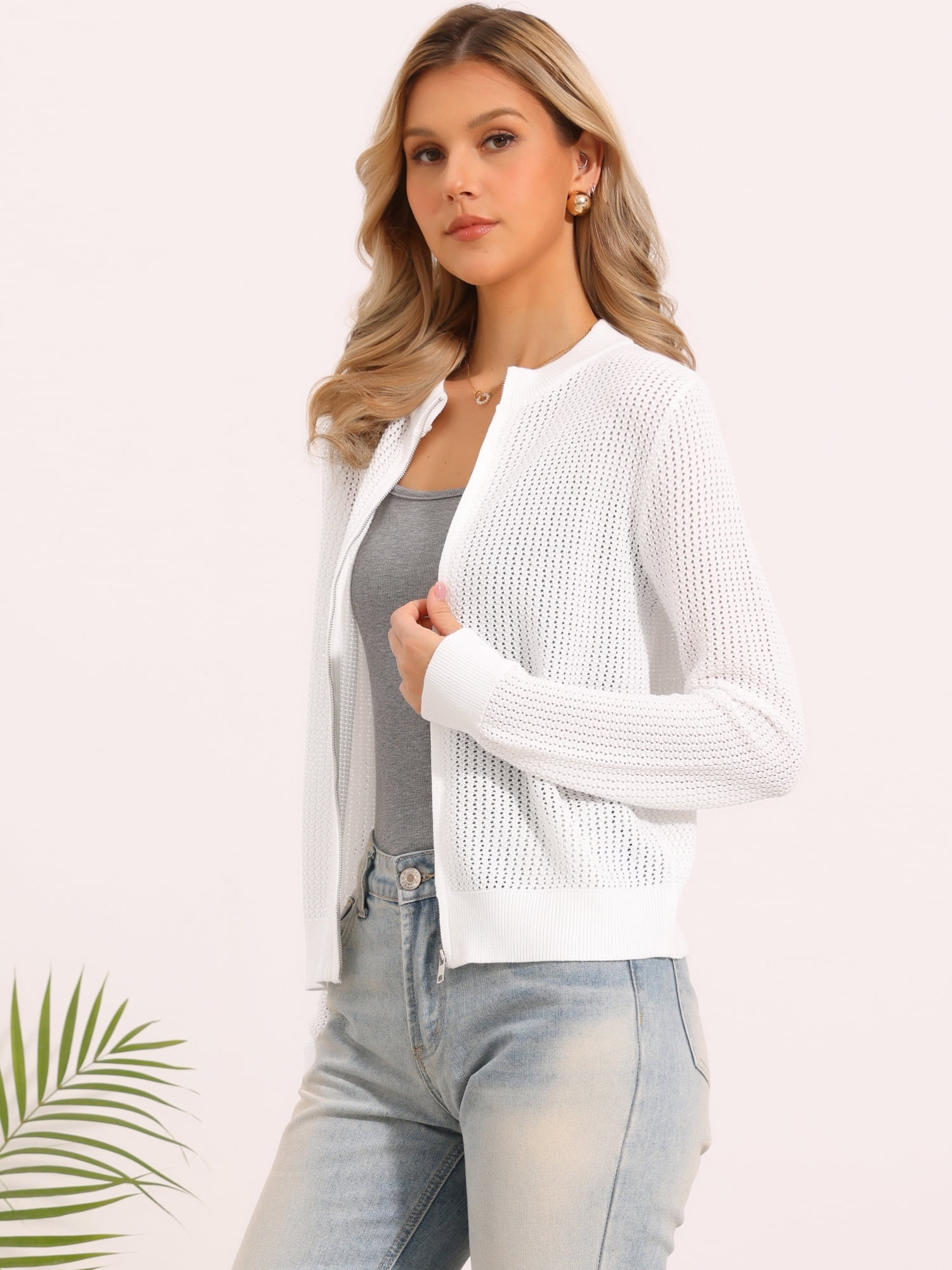 DARING DIVA Women's Crochet Lightweight Long Sleeve Zip Up Knit Sweaters S White
