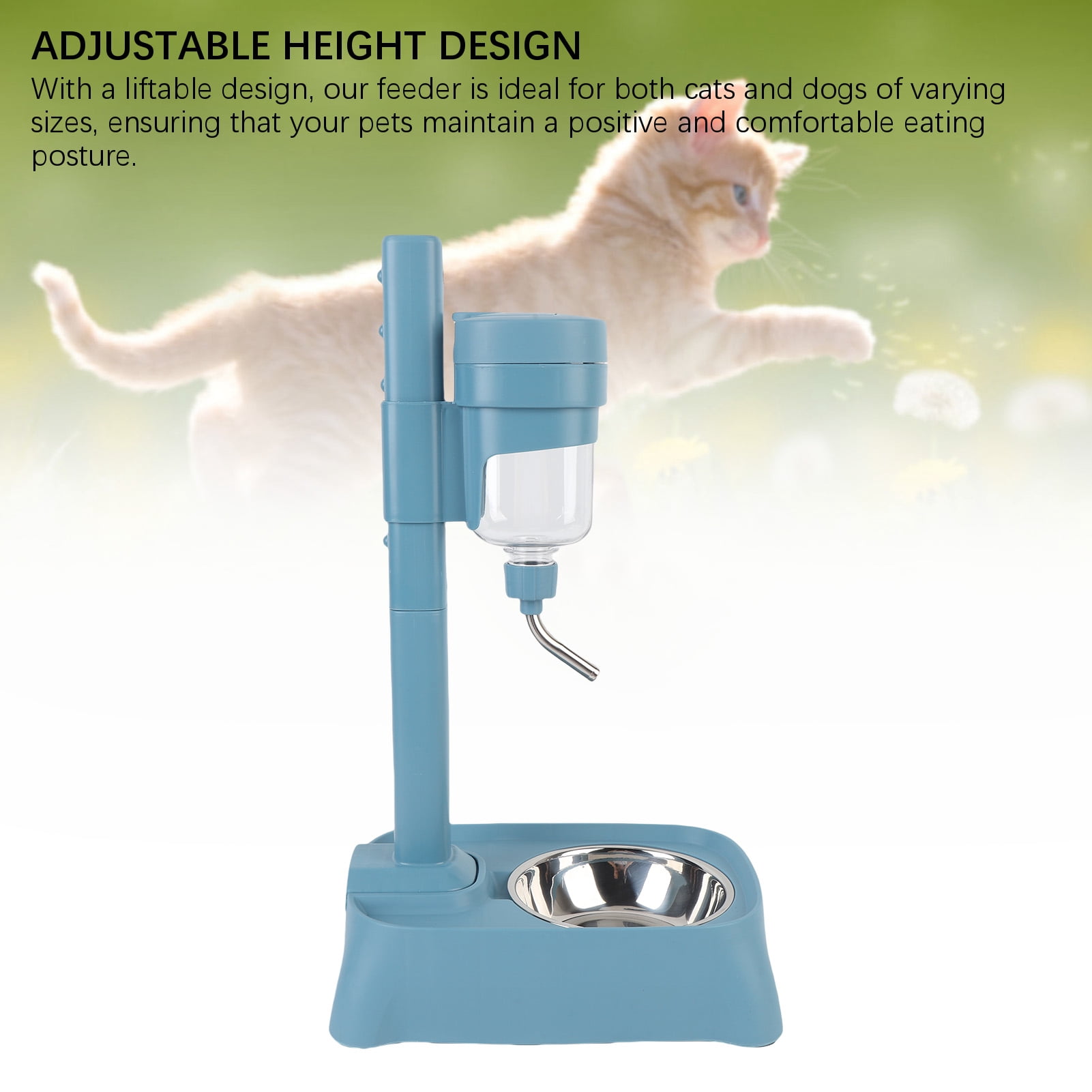 Riousery 500ml / 16.9 oz Pet Standing Water Dispenser with Stainless Steel Bowl, Height Adjustable Automatic Feeder for Cats and Dogs, Lake Blue