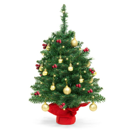 Best Choice Products 22-inch Pre-Lit Battery Operated Tabletop Mini Artificial Christmas Tree Decor with UL-Certified LED Lights, Red Berries, Gold Ornaments, (Best Outdoor Trees In Pots)