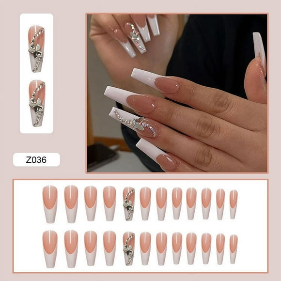 24Pieces French Artificial Nails 12 Different Sizes Short Medium False Nails Fake Acrylic Full Cover Fingernails with glue, Nude Color