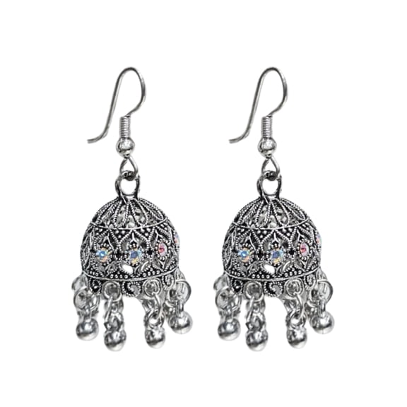 Antique Style Dome Jhumka Dangle Earrings with Crystal Accents and Hanging Bead Charms