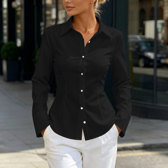 Women Slim Shirts Long Sleeve Button Up Solid Color Collared Blouse Dressy Business Top Black M